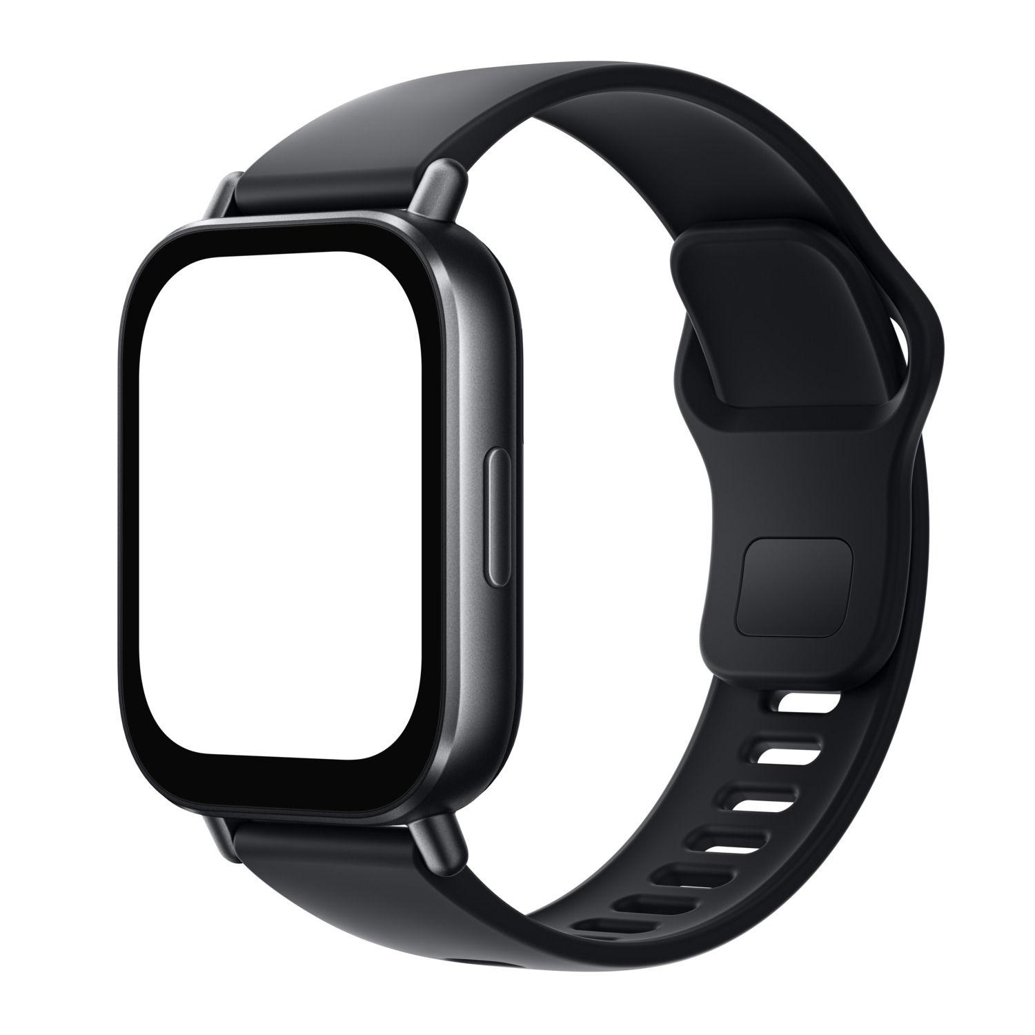 Een zwarte smartwatch met een rechthoekig scherm en een zwarte band. Het scherm is uit.