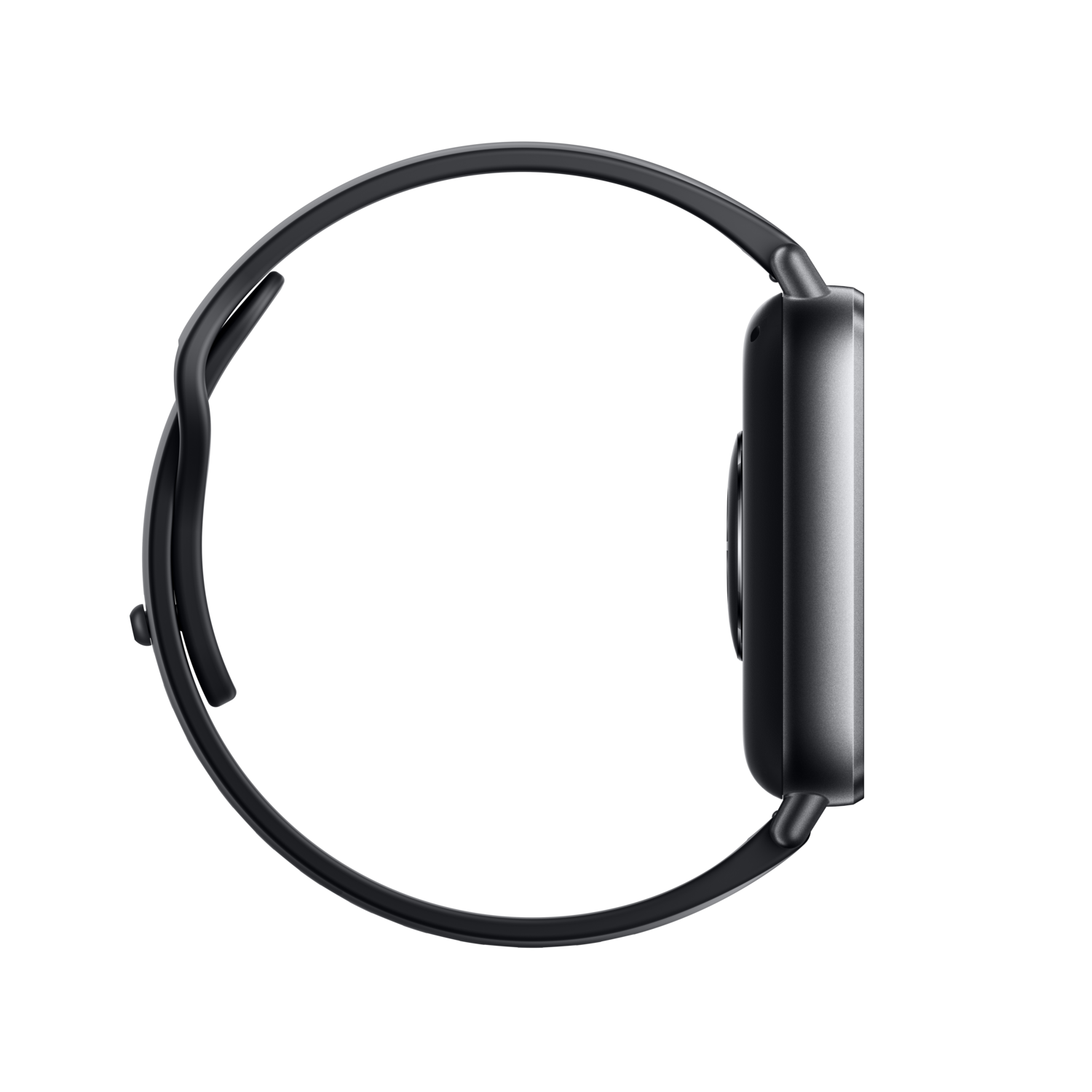 Zwarte smartwatch zijaanzicht, zwarte band, zwarte achtergrond.
