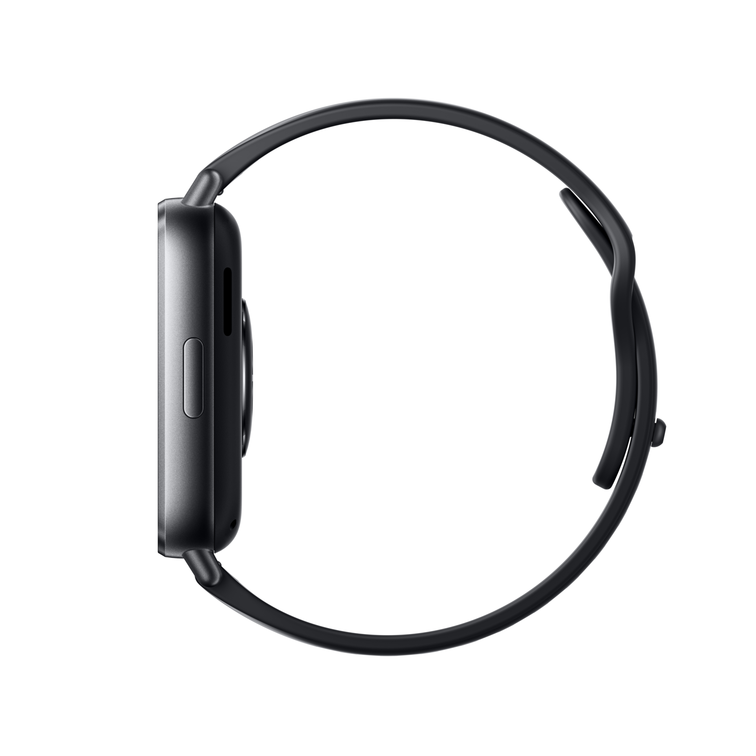 Zwarte smartwatch zijaanzicht, zwarte band, zwarte achtergrond.