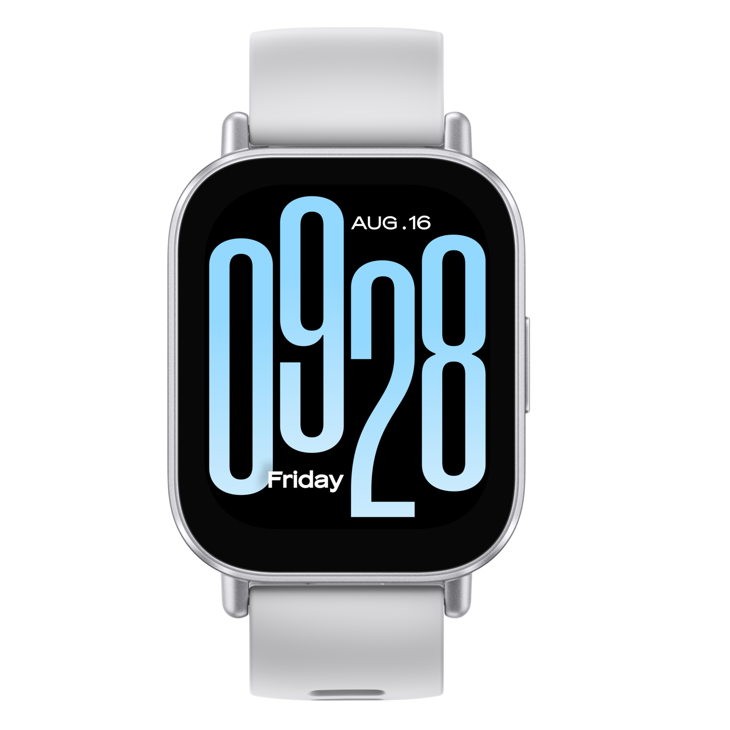 Smartwatch met tijd, 16 aug., vrijdag, witte band, zwart scherm.