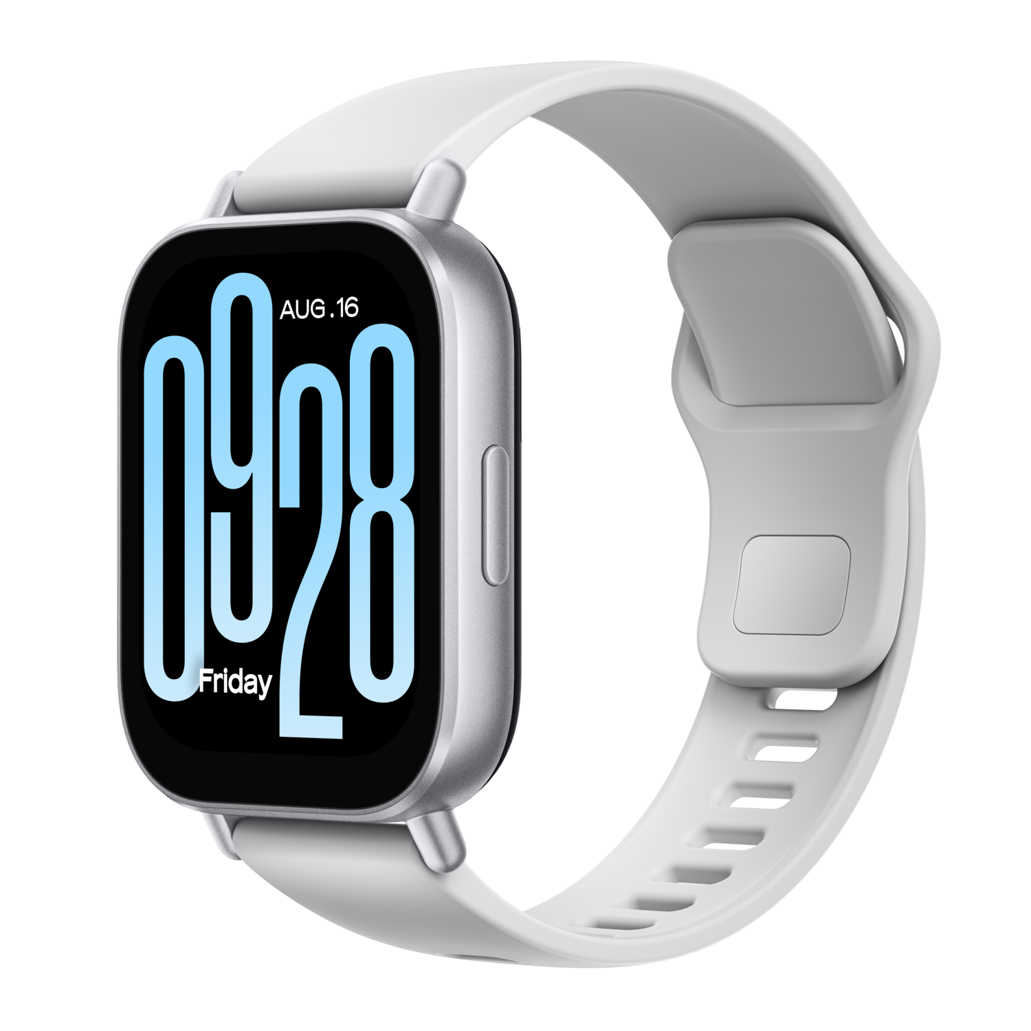 Een witte smartwatch met een grijze band toont de datum en tijd. Het scherm toont 09:28 op vrijdag.