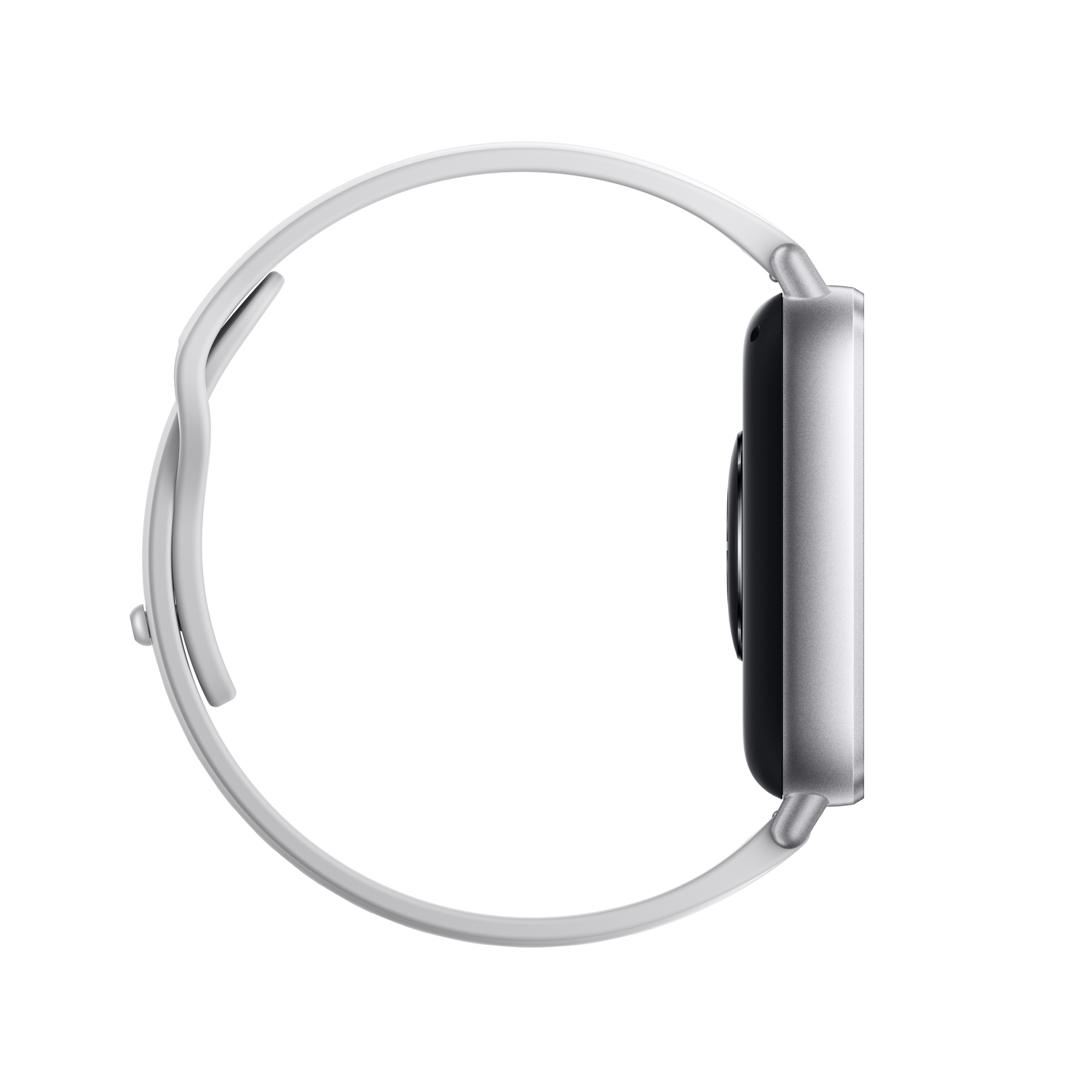 Een zijaanzicht van een wit smartwatch met een vierkant scherm en een witte band.
