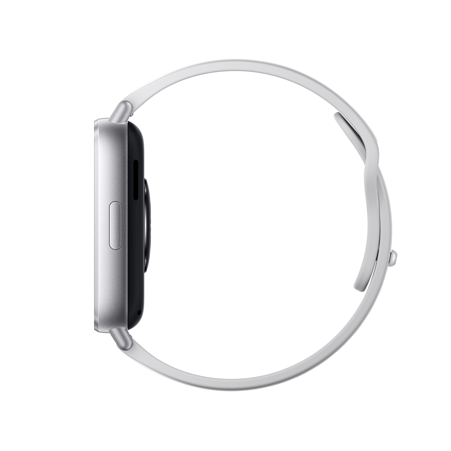 Zijaanzicht van een zilveren smartwatch met een witte band op een zwarte achtergrond.