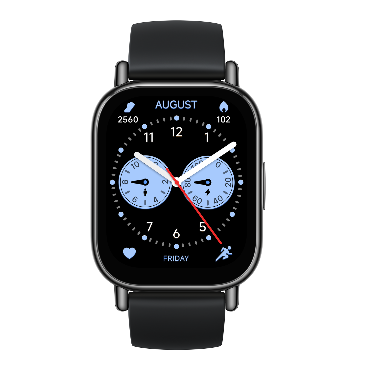 Black smartwatch with a digital display showing time and data.