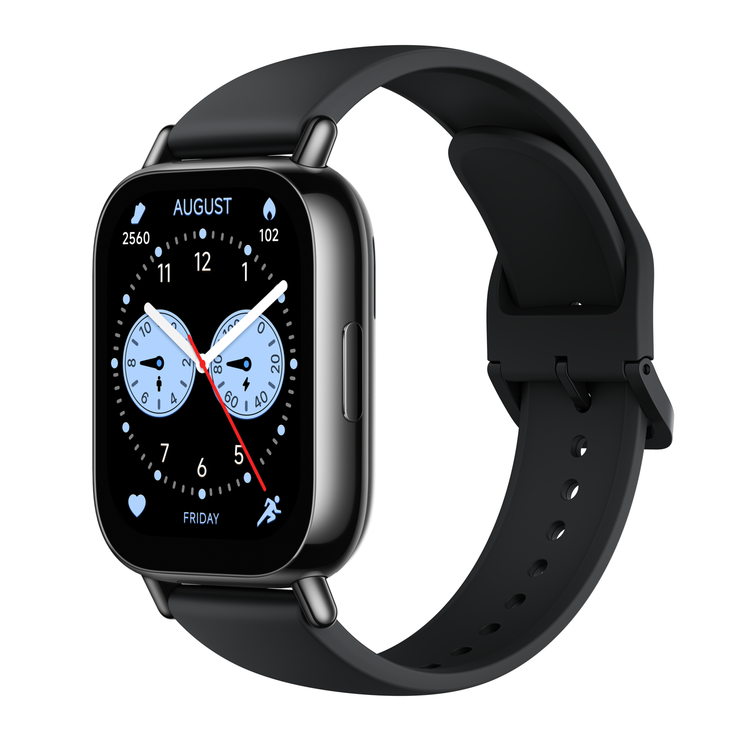 Black smartwatch displaying time and fitness metrics on screen.