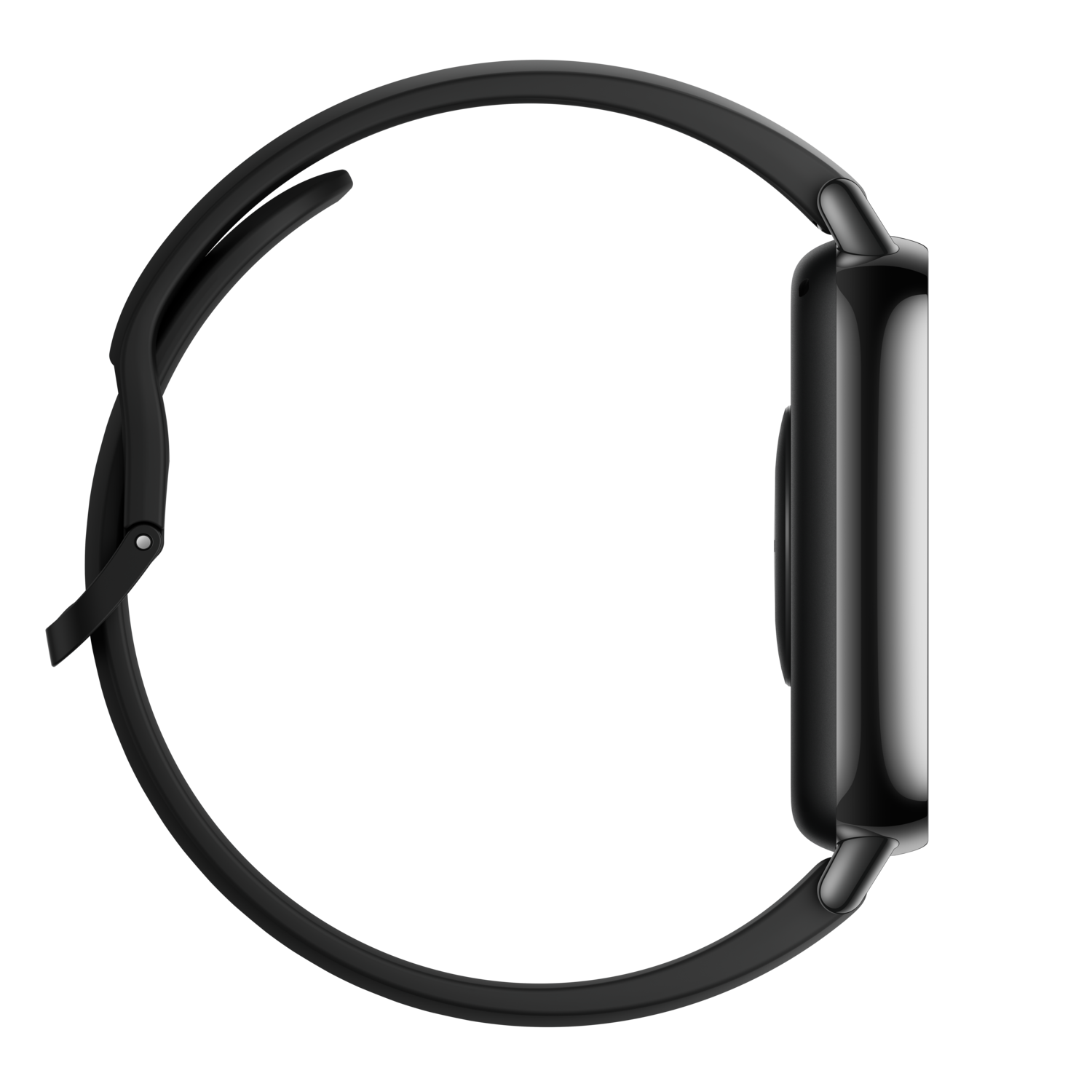 A side view of a black smartwatch with a black strap, showing a rectangular face and a curved band.