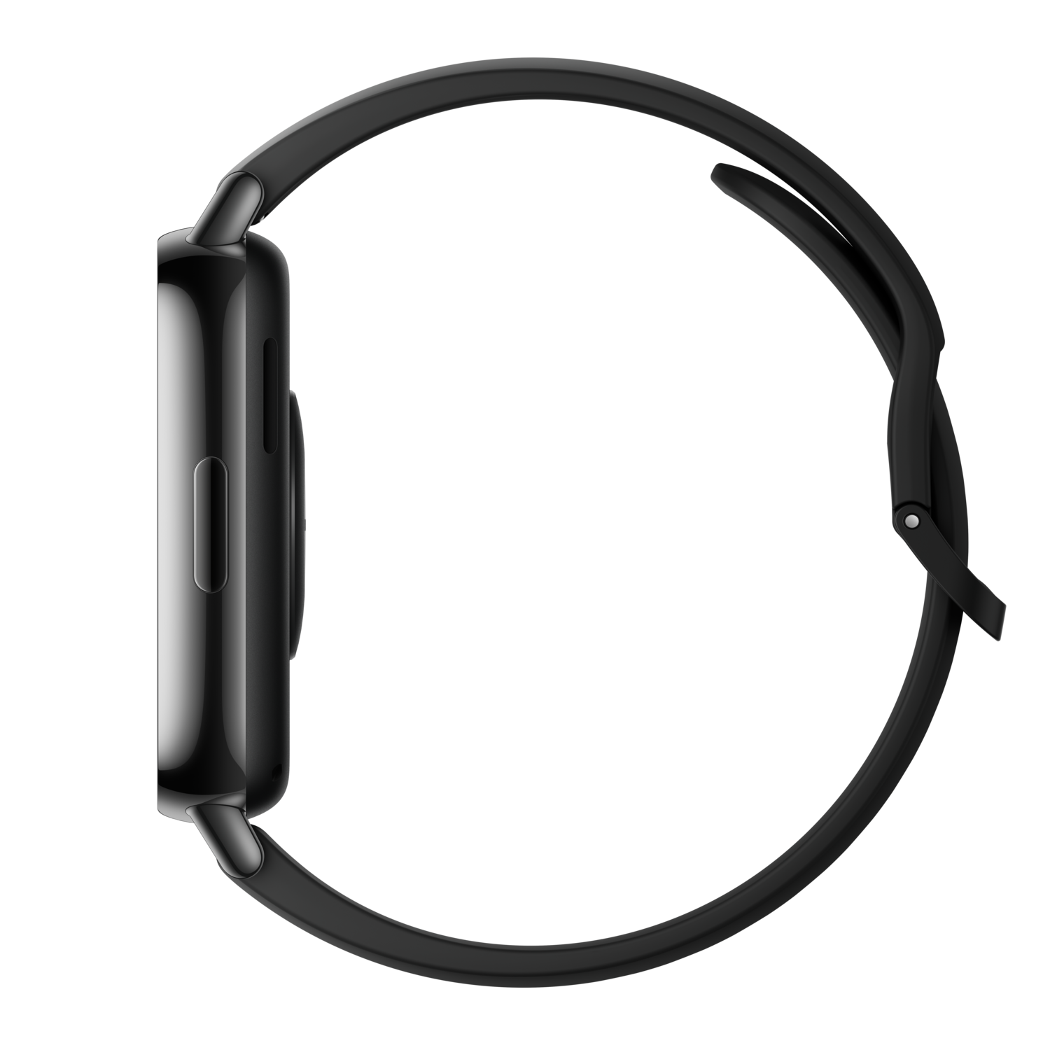 Side view of a black smartwatch with a black strap on a black background.
