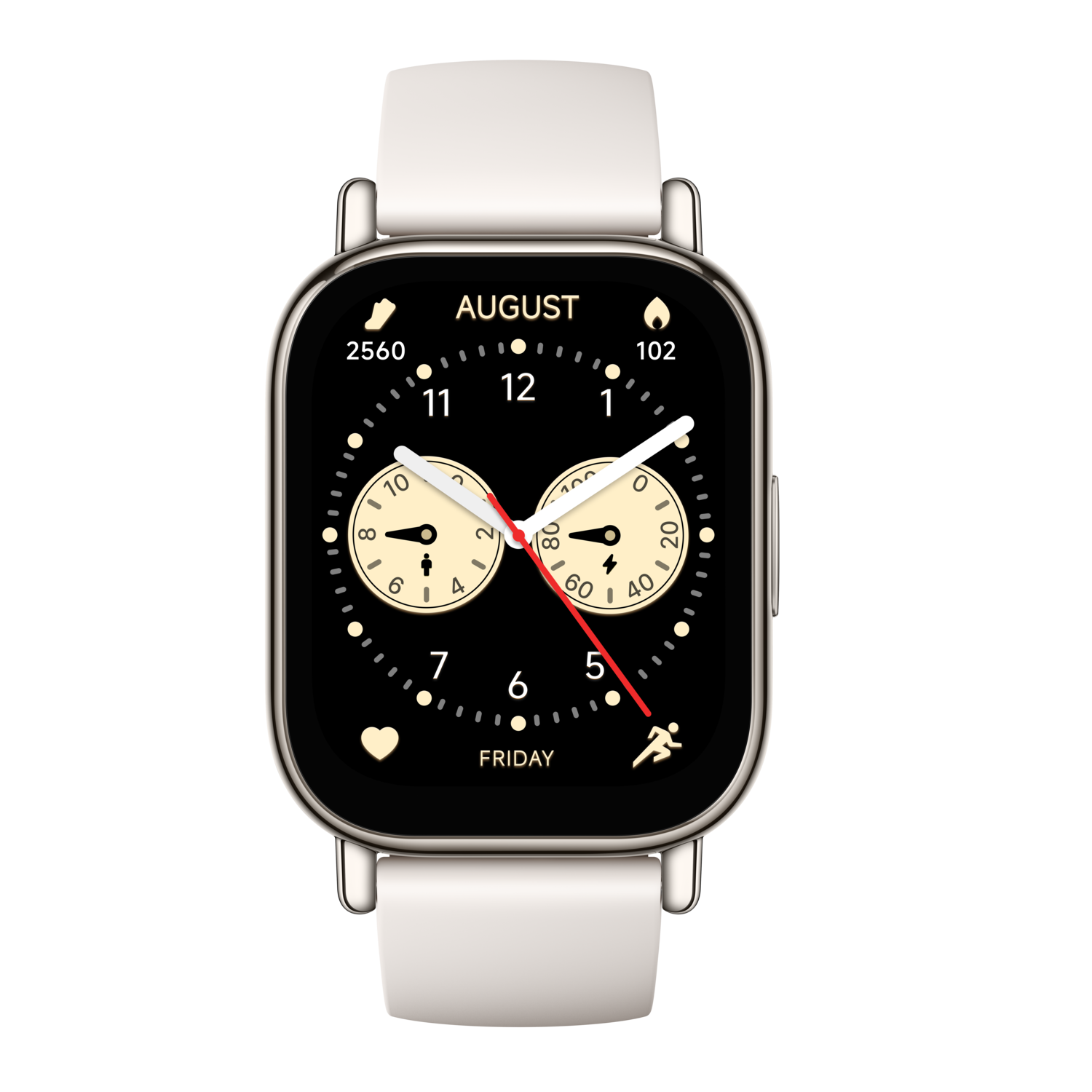 A smartwatch with a white band, showing the date, time, and activity metrics.