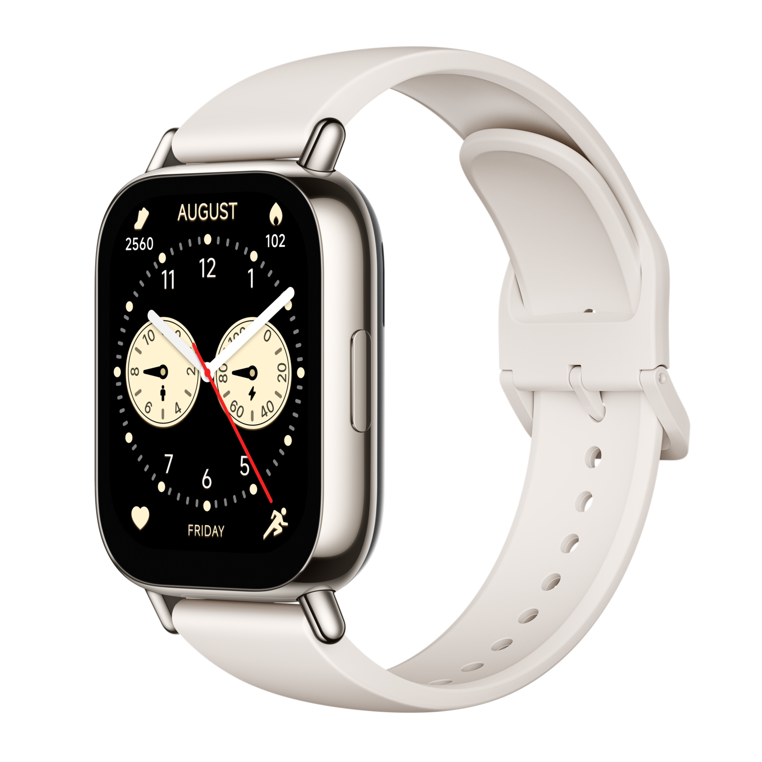 White smartwatch, cream band, black display with time.