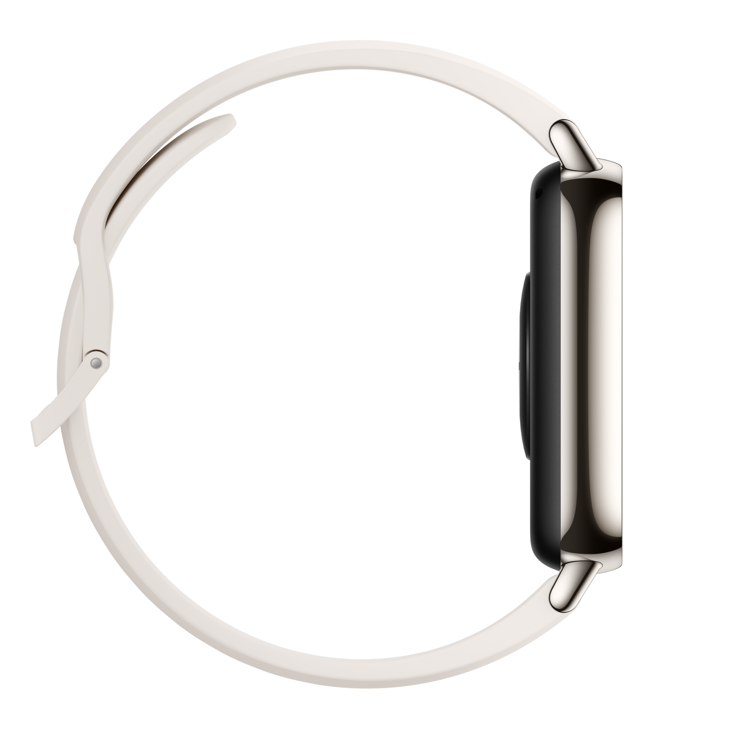 White smartwatch side view, cream band, black background.