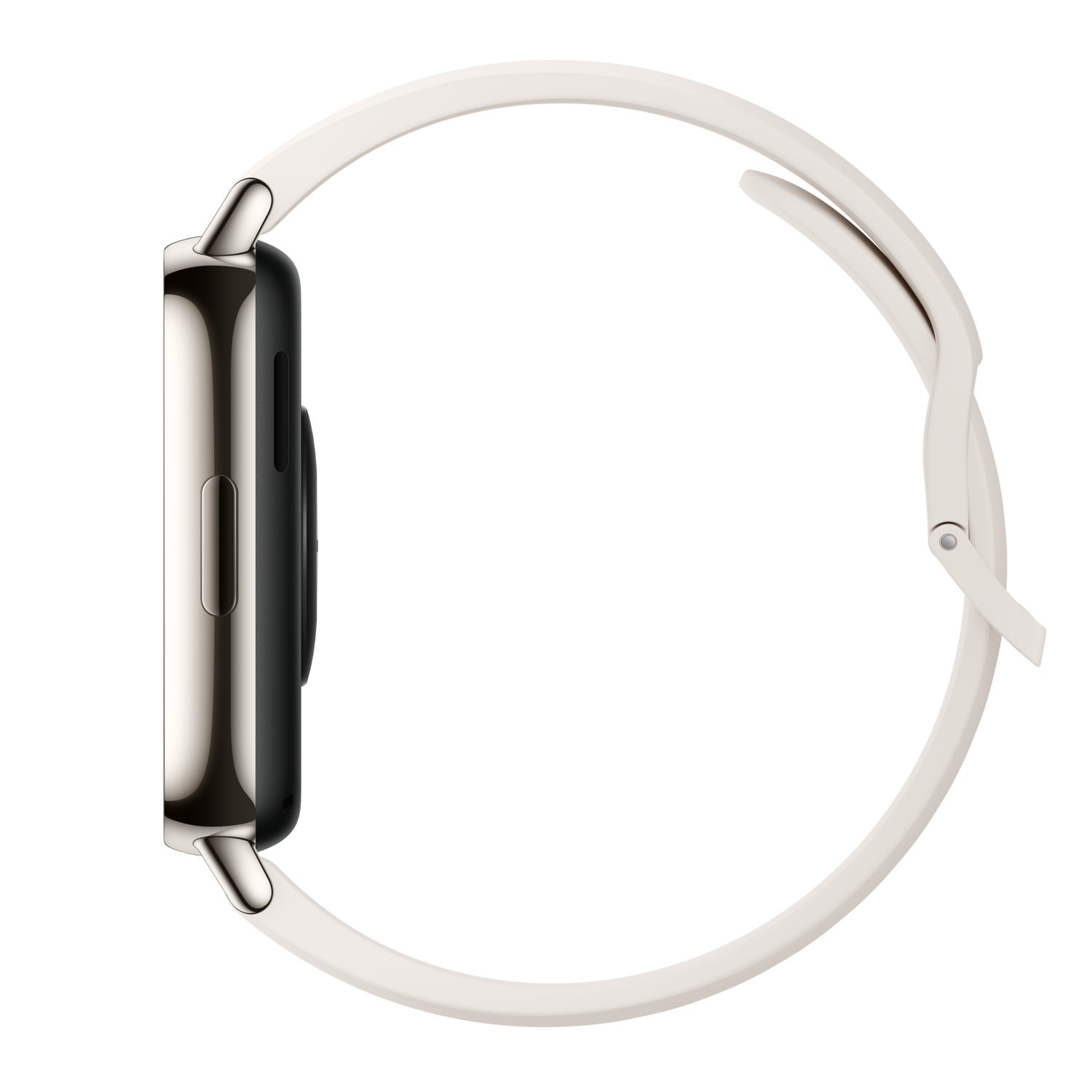 White smartwatch side view, cream band, black background.