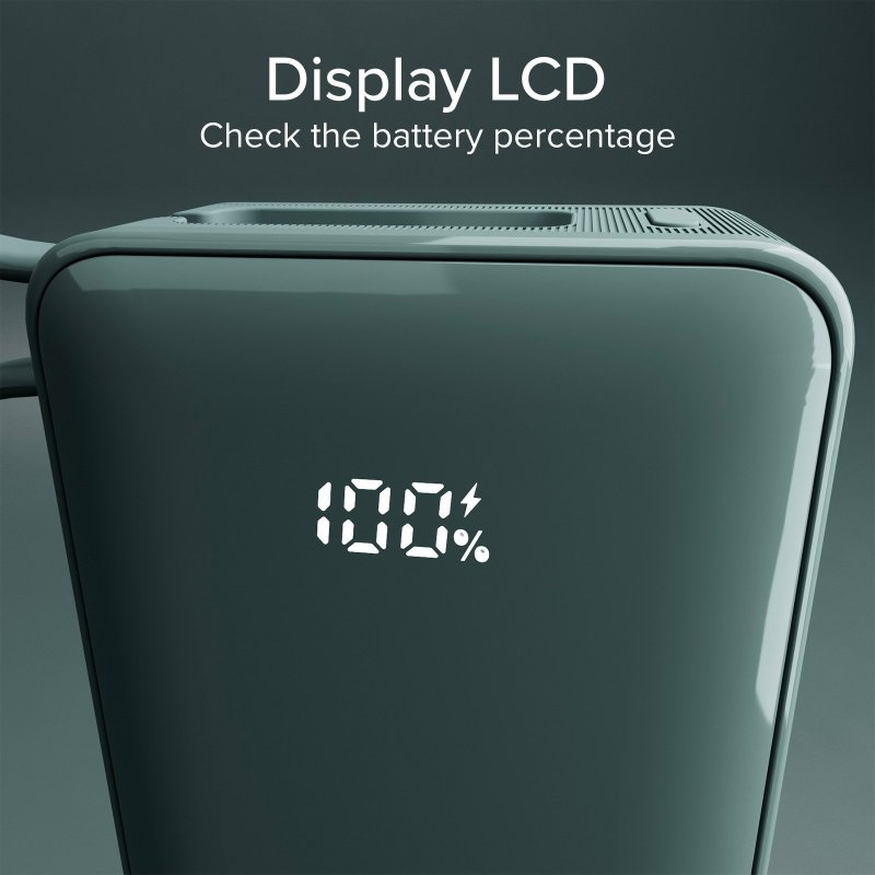 Urządzenie elektroniczne z wyświetlaczem pokazującym "100%". Ciemny turkusowy kolor.