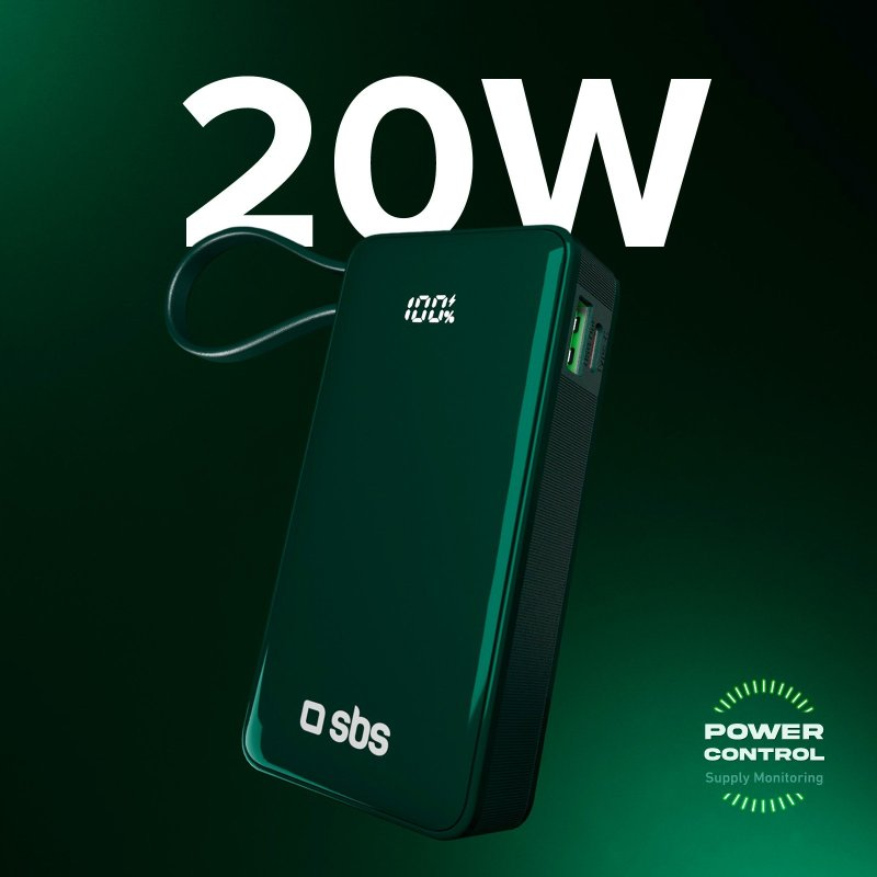Ciemnozielony power bank wyświetla 100% naładowania i ma białą etykietę 20W.