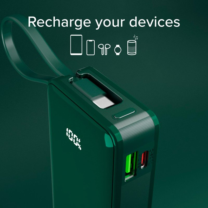 Ciemnozielony power bank z portami USB, wyświetlacz 100% naładowania.