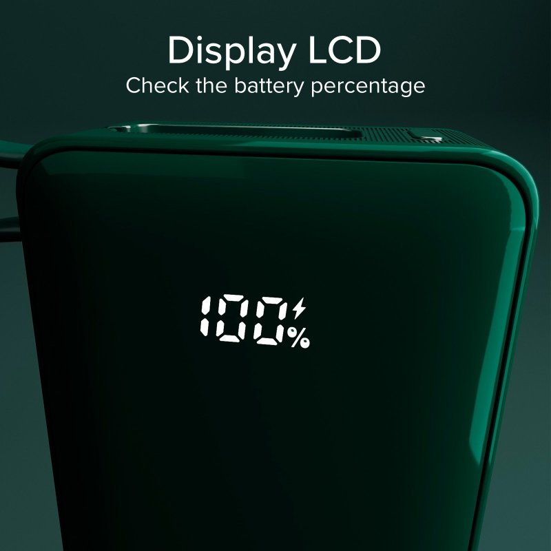 Zielone urządzenie pokazuje 100% naładowania. Tekst brzmi: 'Wyświetlacz LCD Sprawdź procent naładowania baterii'.