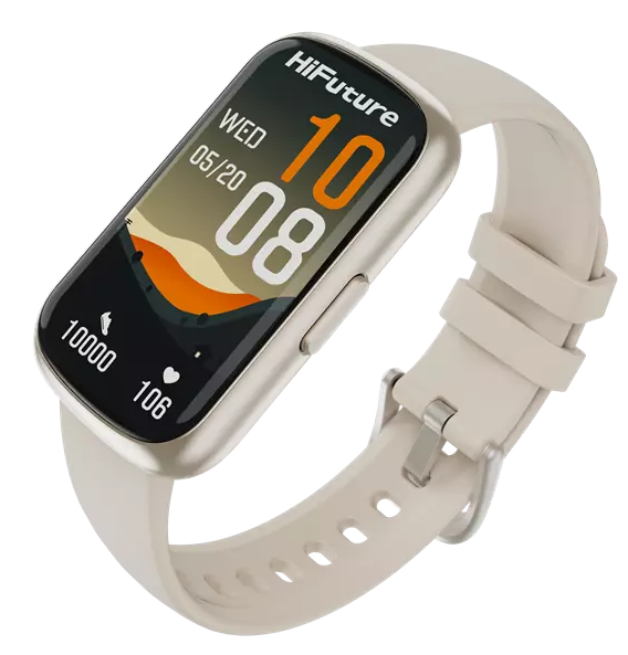 Smartwatch z kremowym paskiem, czarny ekran wyświetlający czas i dane. Widoczna marka HiFuture.