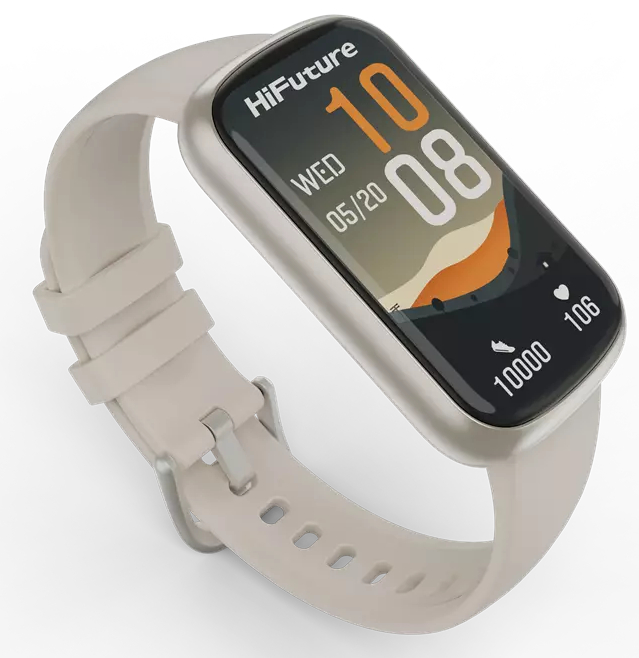 Szary i beżowy smartwatch z czarnym ekranem pokazującym datę, godzinę i kroki. Jasnobeżowy pasek.