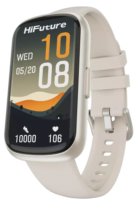 Smartwatch z beżowym paskiem, pokazujący czas i dane.