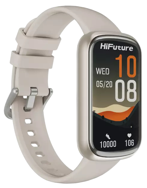 Smartwatch z jasnym paskiem, pokazujący godzinę, datę i metryki fitness. Ekran pokazuje 10:08, środa 05/20.