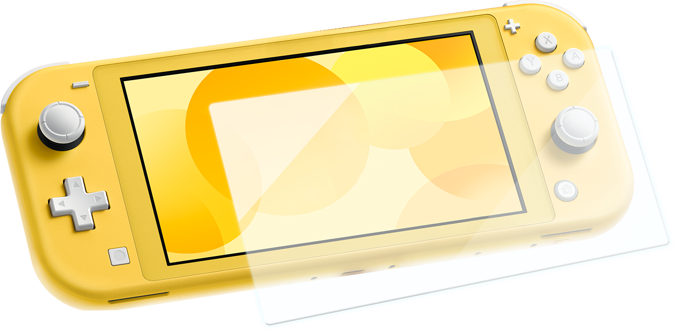 Sárga Nintendo Switch Lite. A képernyő sárga és narancssárga köröket jelenít meg. Fehér vezérlőgombok.