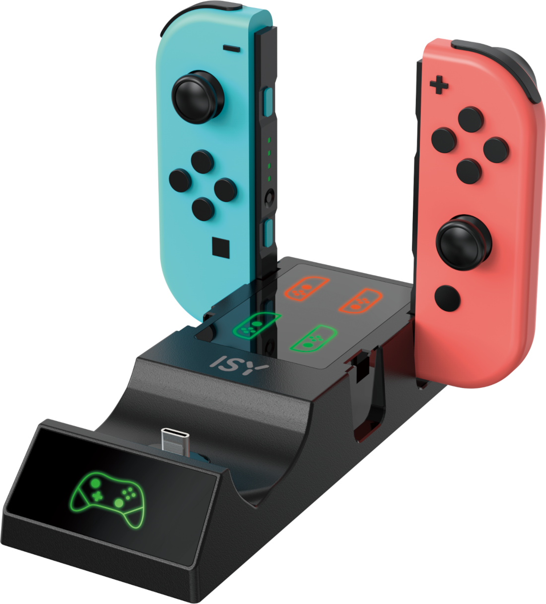 Fekete töltőállomás két Nintendo Switch Joy-Connal. Az állomáson USB-C port és zöld jelzőfények vannak.