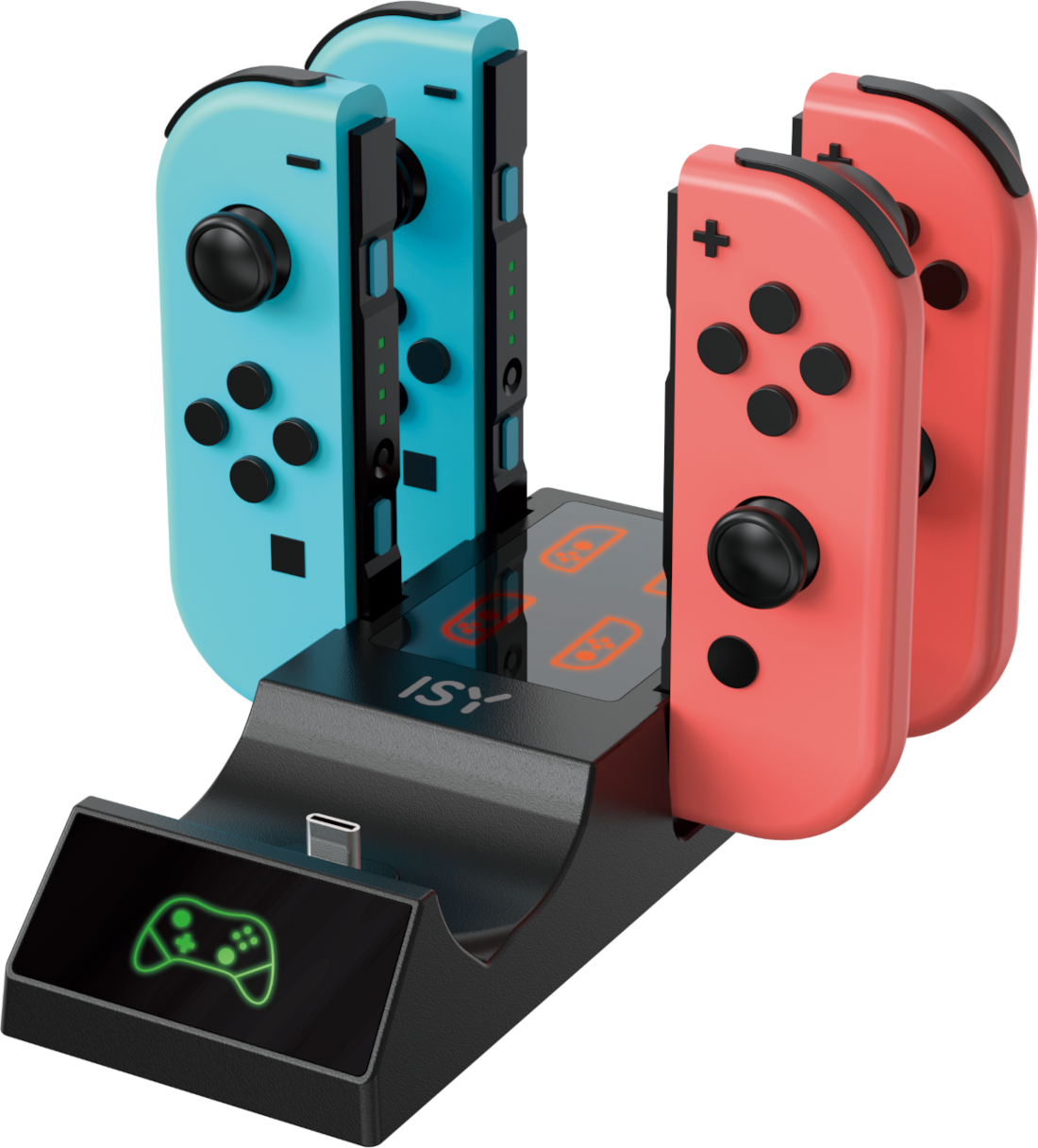 Egy fekete töltőállomás egy kék és egy piros Joy-Con-nal.