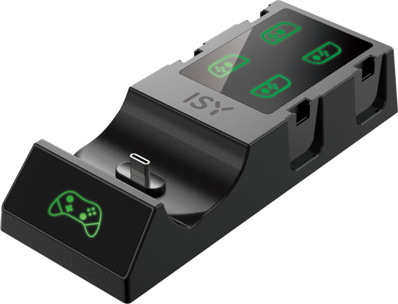 Fekete játékvezérlő töltő. Zöld fények felül. USB-C port látható.