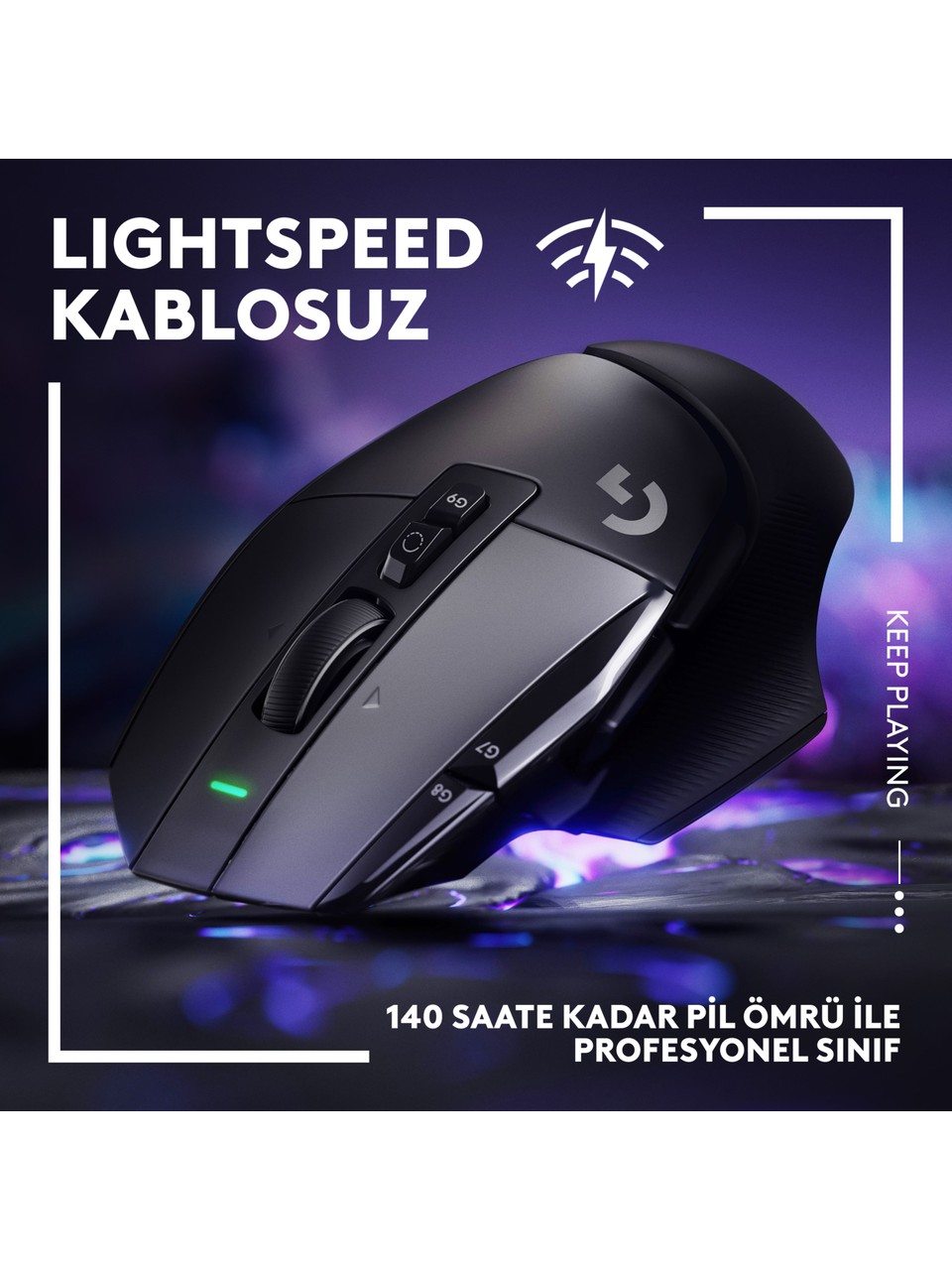 Siyah kablosuz fare, LIGHTSPEED ve KEEP PLAYING yazısıyla.
