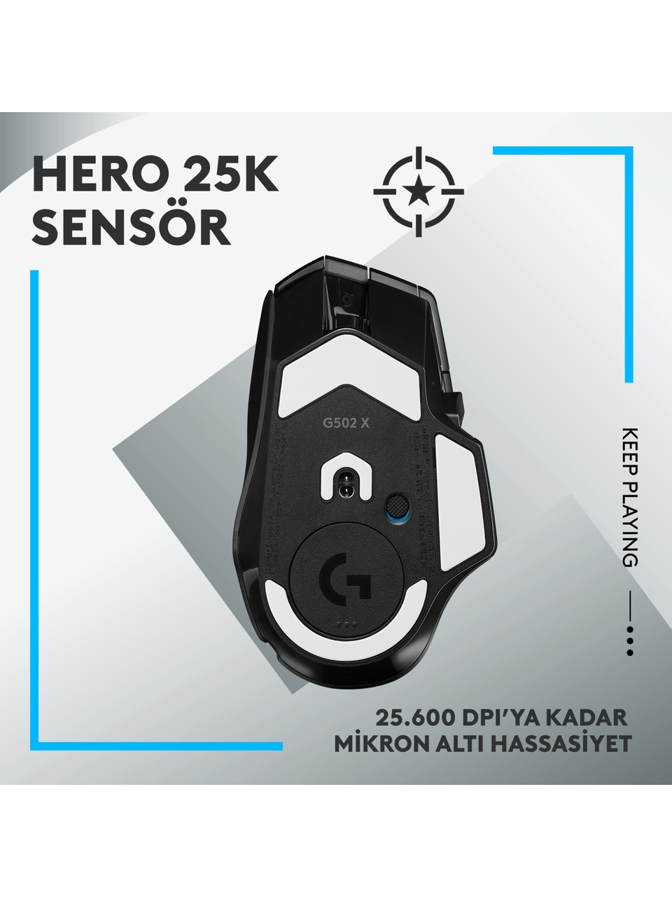 G502 X model adı ve bir hedef simgesi olan siyah bir oyun faresi.