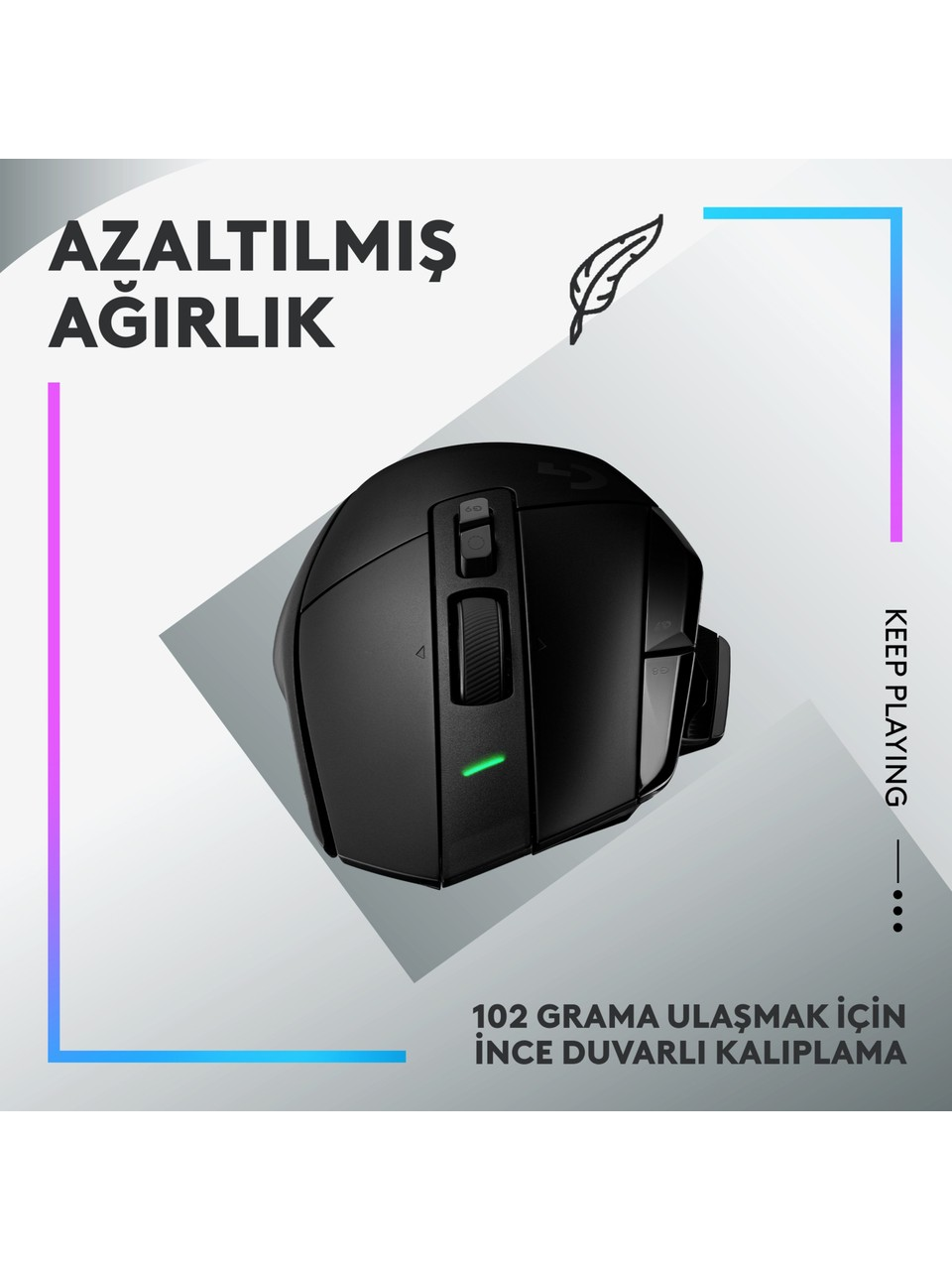 Yeşil ışıklı siyah oyun faresi. Türkçe metin.