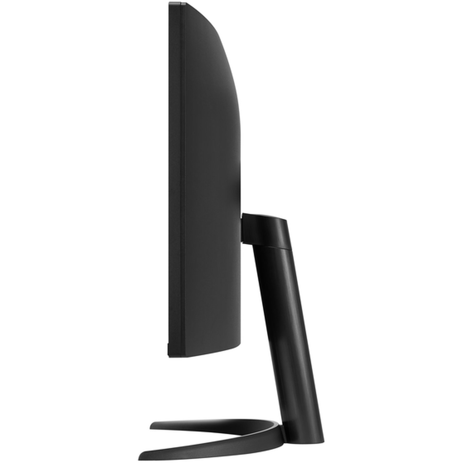 Side view of a black computer monitor. It has a curved screen, a stand, and a black base. The background is white.