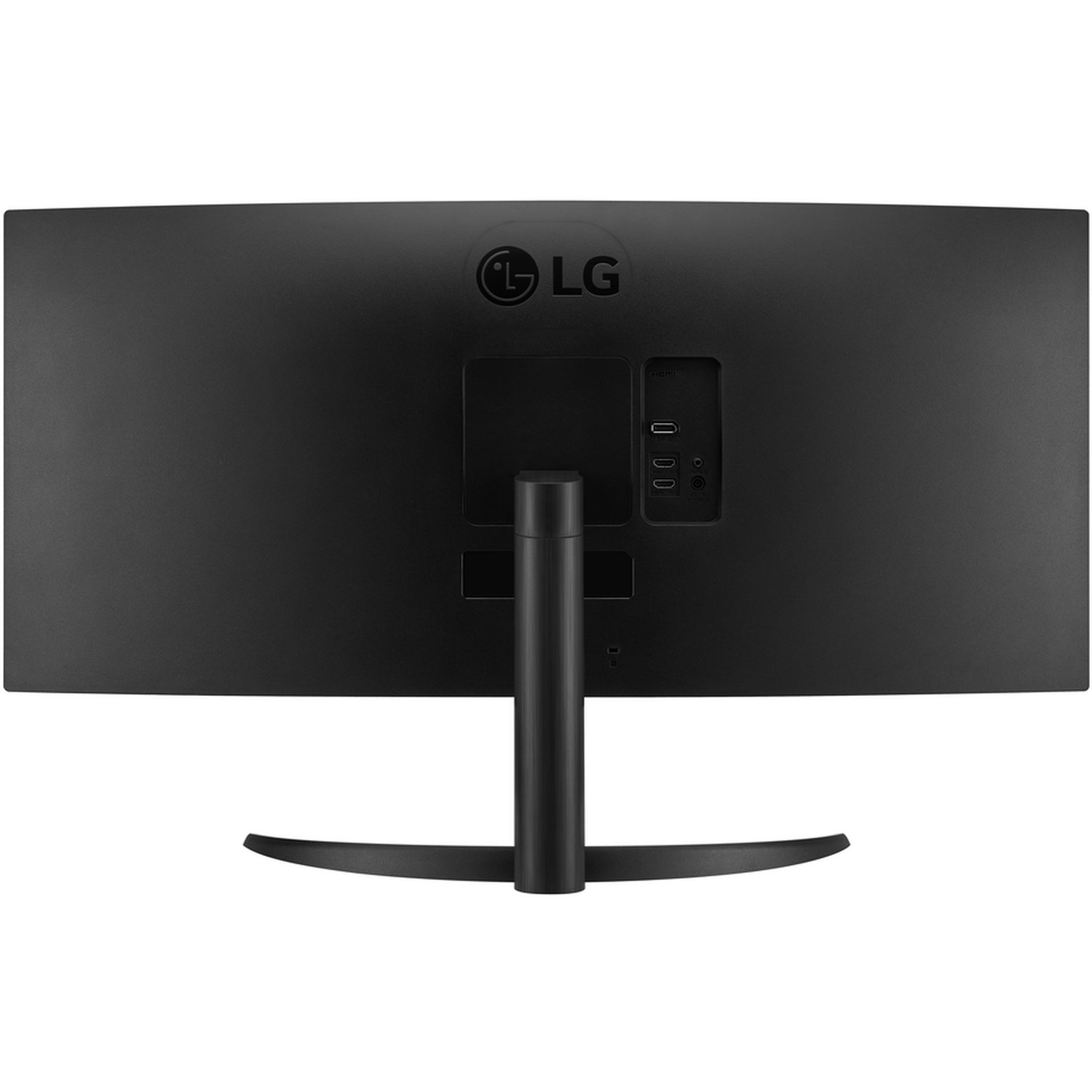 The back of a black LG curved monitor is shown. Ports and a stand are visible. LG logo is on the top center.