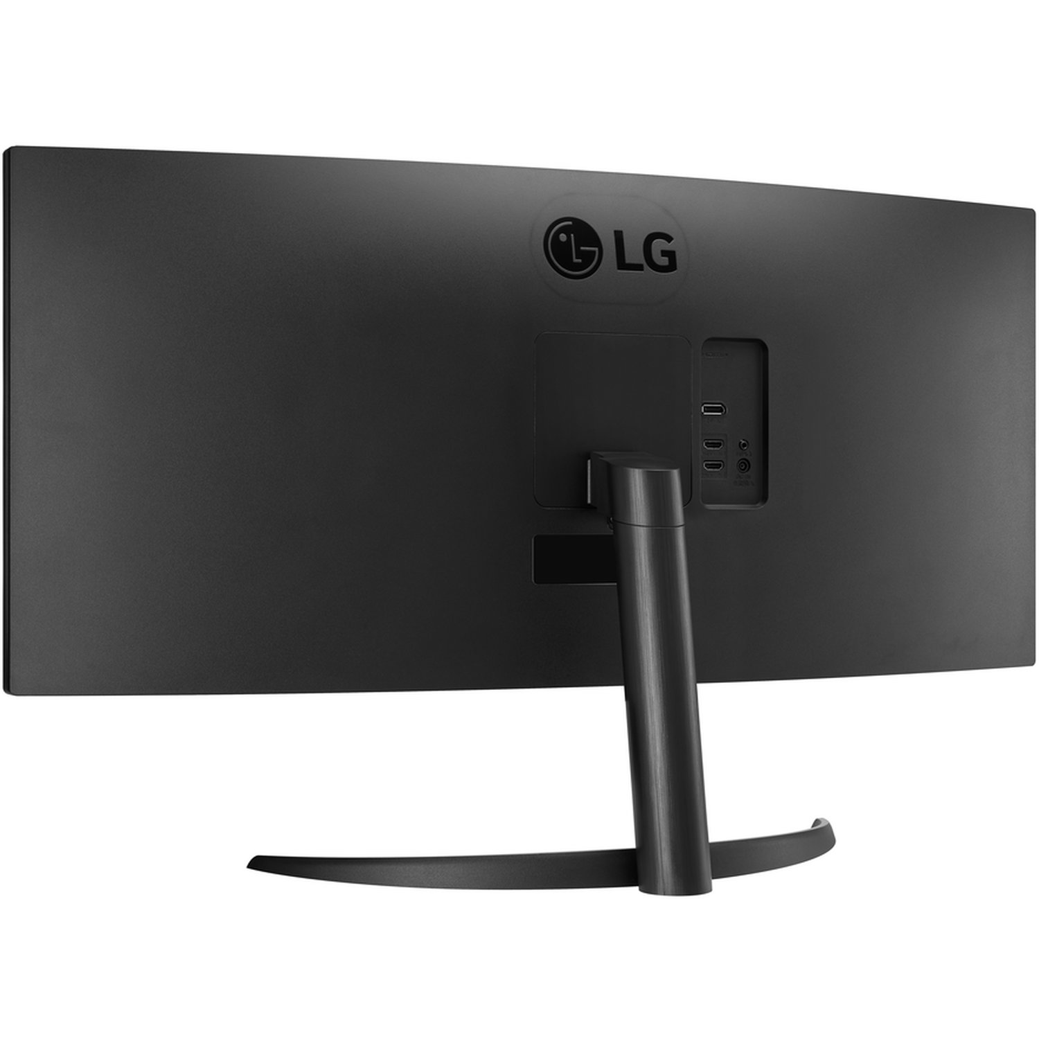 The back of a black LG monitor is shown. It has a stand and ports. The LG logo is visible. The monitor is curved.