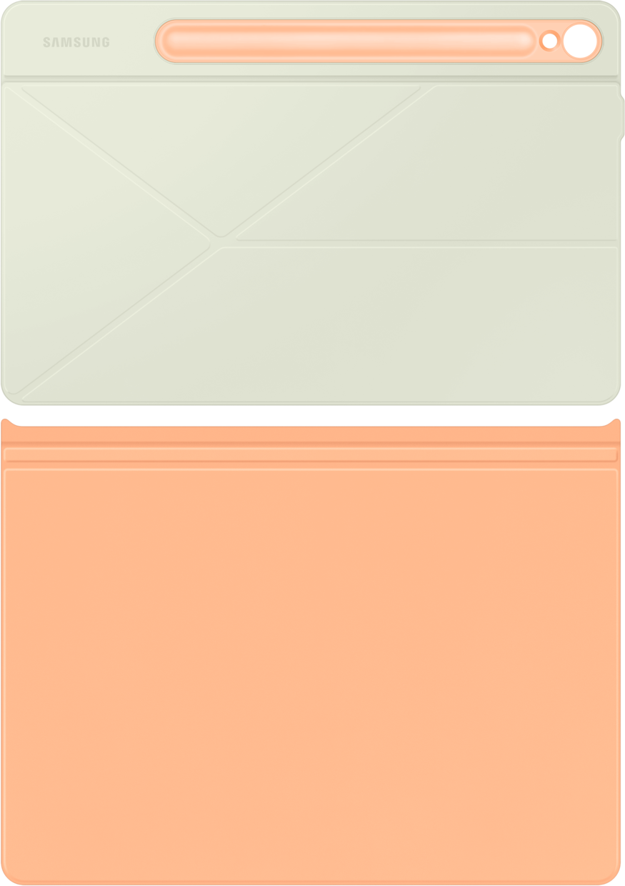 Tablet con custodia. Il tablet e la custodia sono color crema e arancione.
