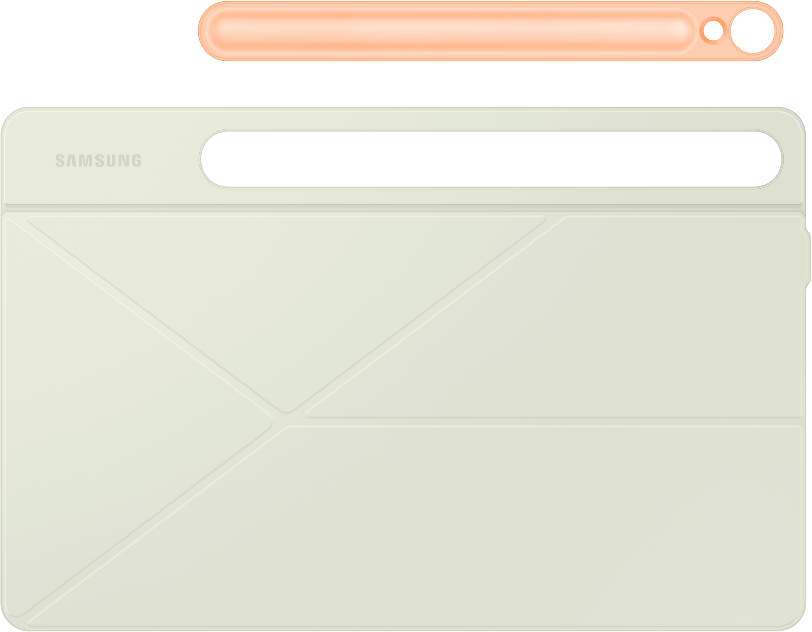 Custodia e stilo per tablet Samsung su sfondo bianco. Lo stilo è arancione. La custodia è bianca.