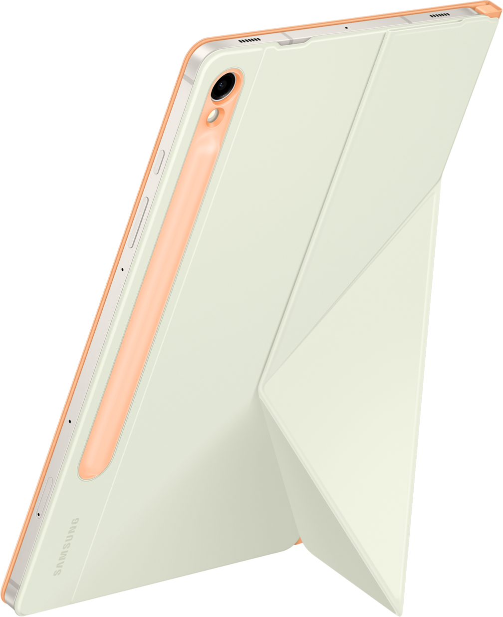 Tablet con cover aperta, matita arancione, sfondo bianco.