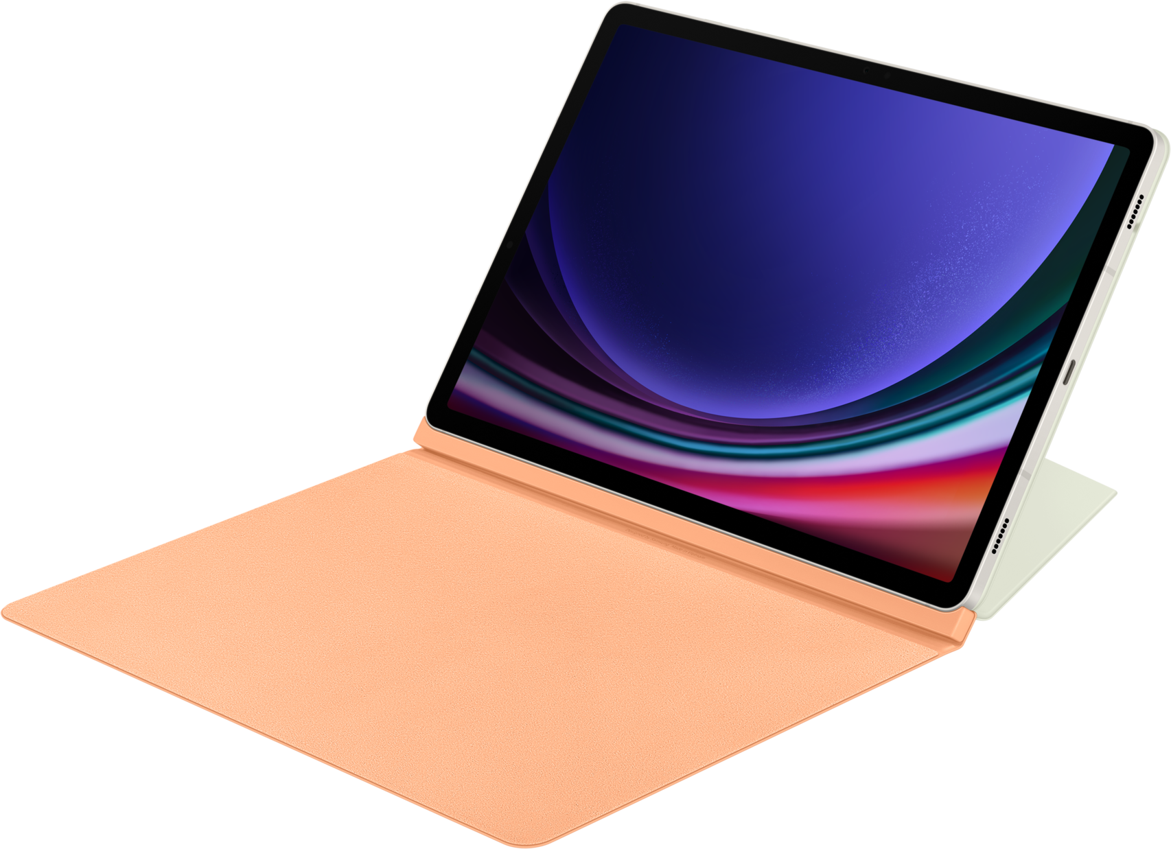 Un tablet aperto con custodia color pesca, che mostra uno sfondo colorato.
