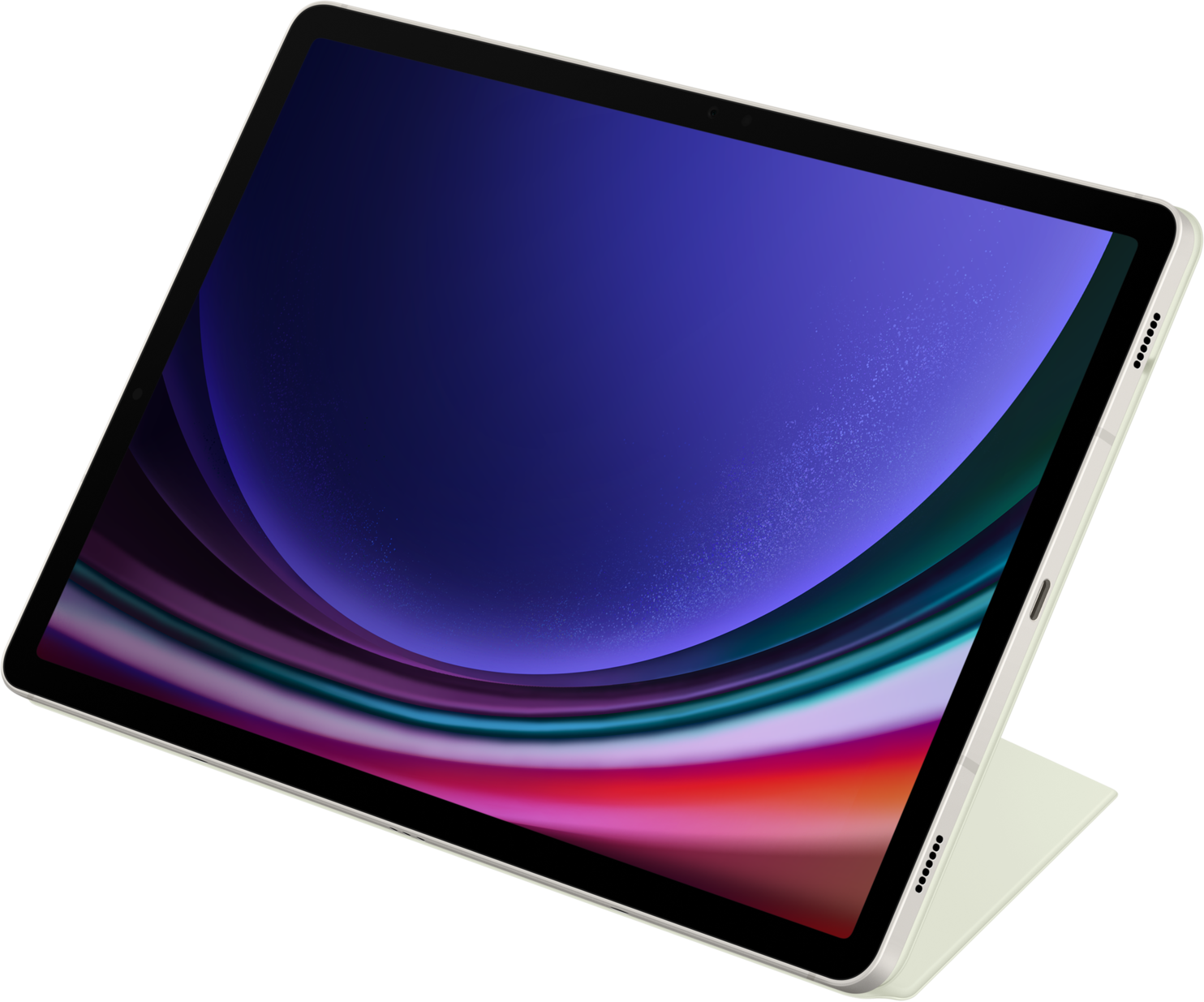 Tablet con schermo blu e cover verde chiaro.
