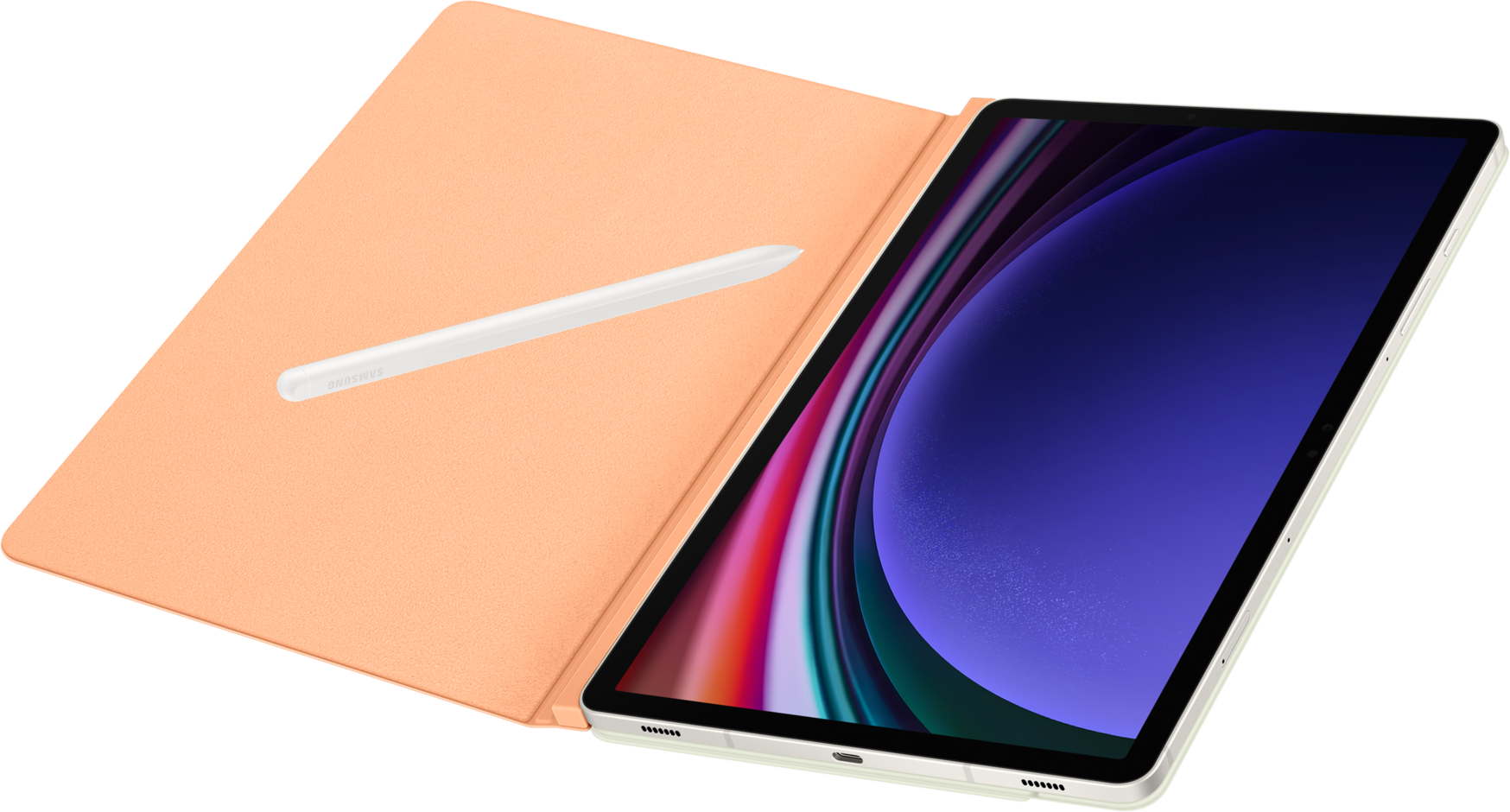 Tablet con stilo bianco su cover color pesca. Lo schermo mostra una sfumatura viola e blu.