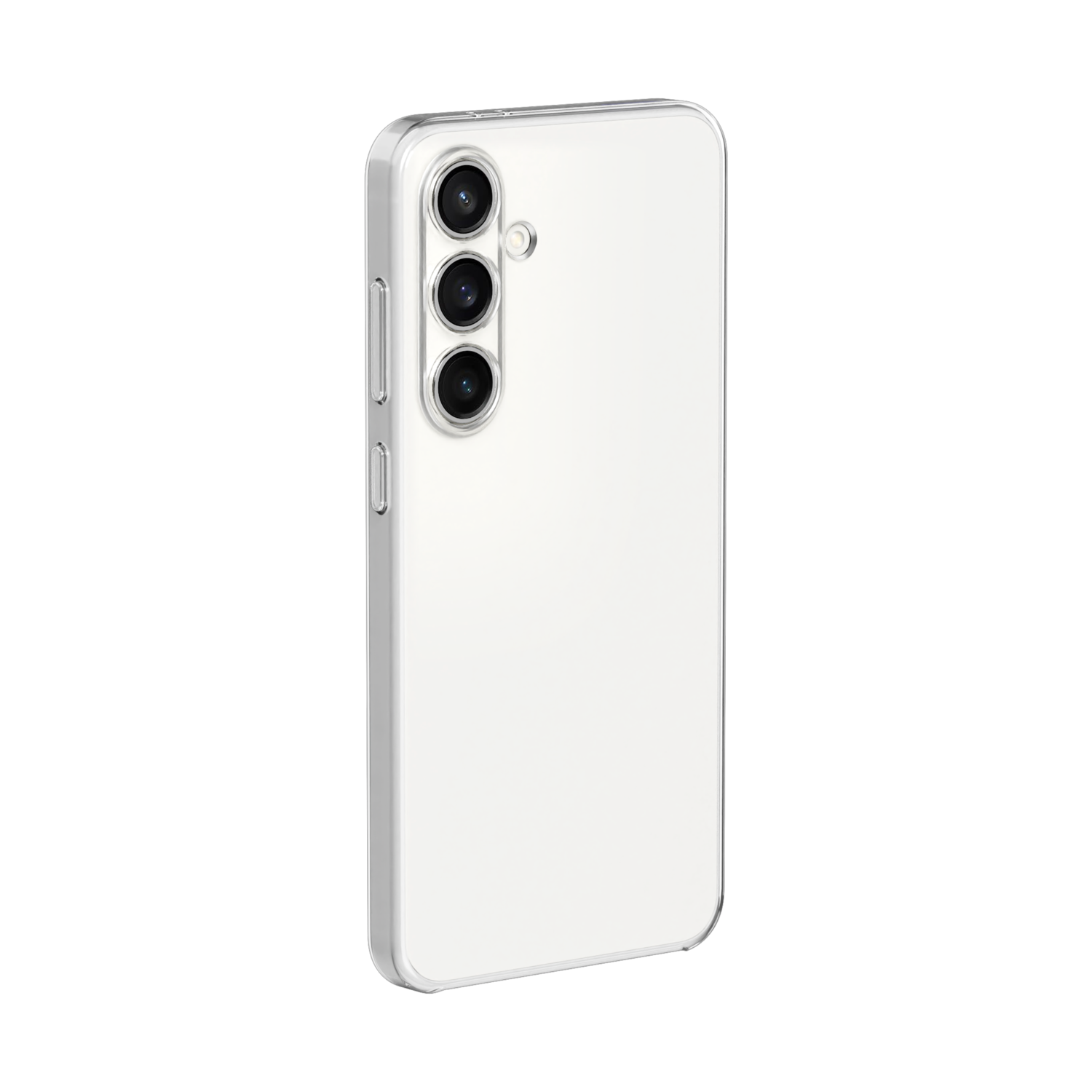 Une coque de smartphone blanche avec un dos transparent et trois objectifs d'appareil photo. C'est sur un fond noir.
