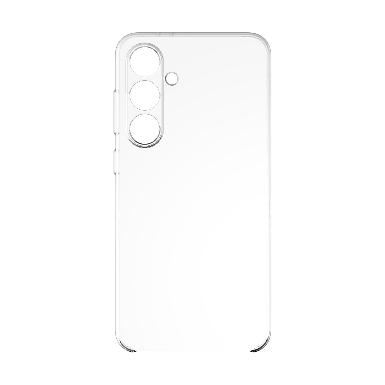 Une coque de téléphone blanche avec une découpe pour l'appareil photo et des lentilles sur fond noir.