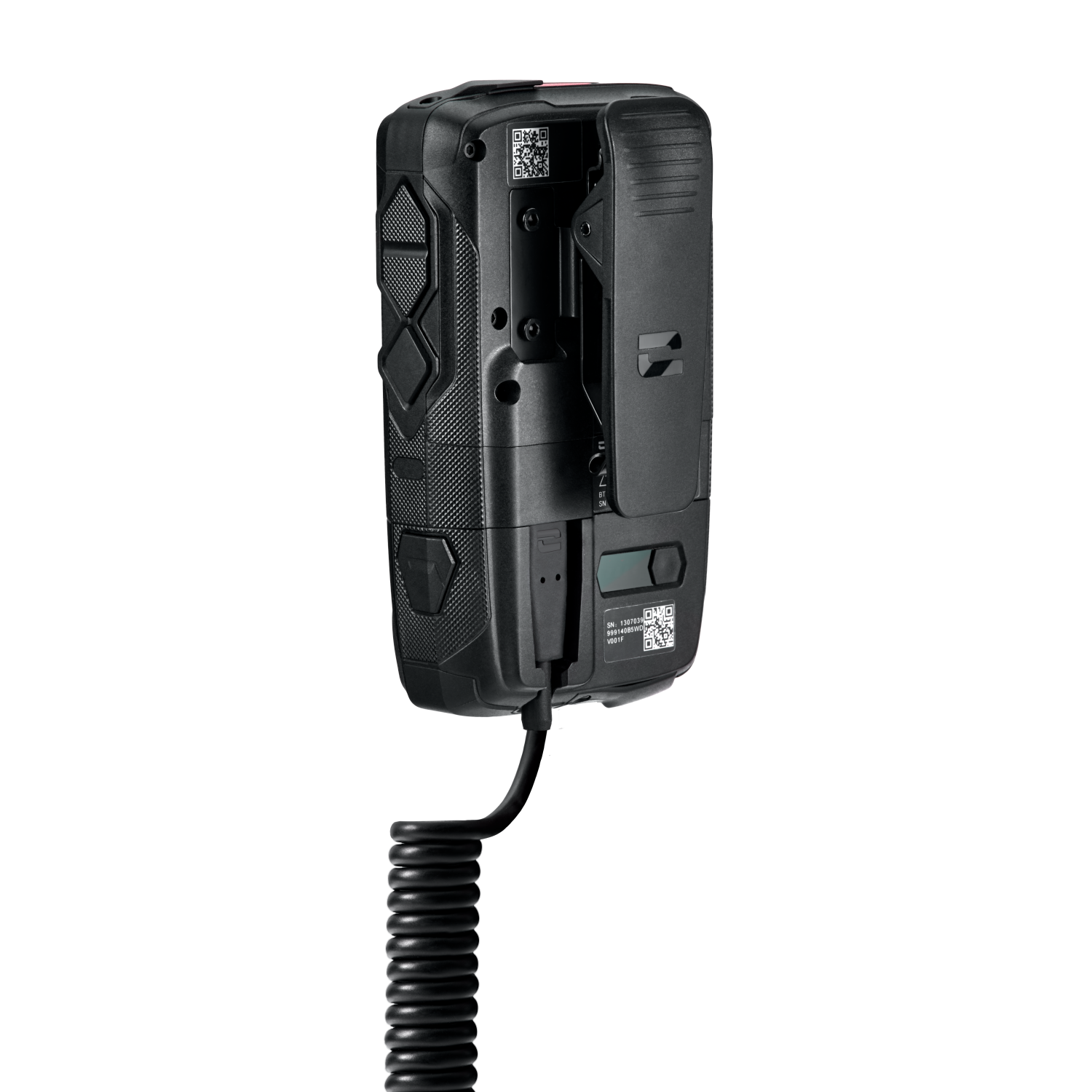 Black rugged device with a clip and coiled cable, isolated on a black background.