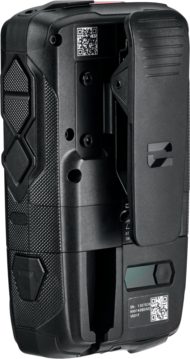 Black device with textured surfaces, open clip, and QR codes.