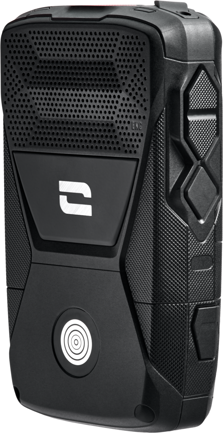 Black device with buttons and holes. Features a logo and a circle.