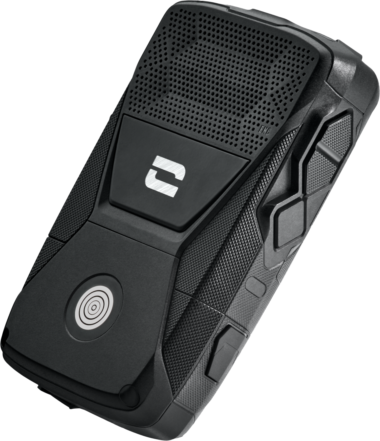 A black, rugged speaker with buttons and a logo. Angled view.