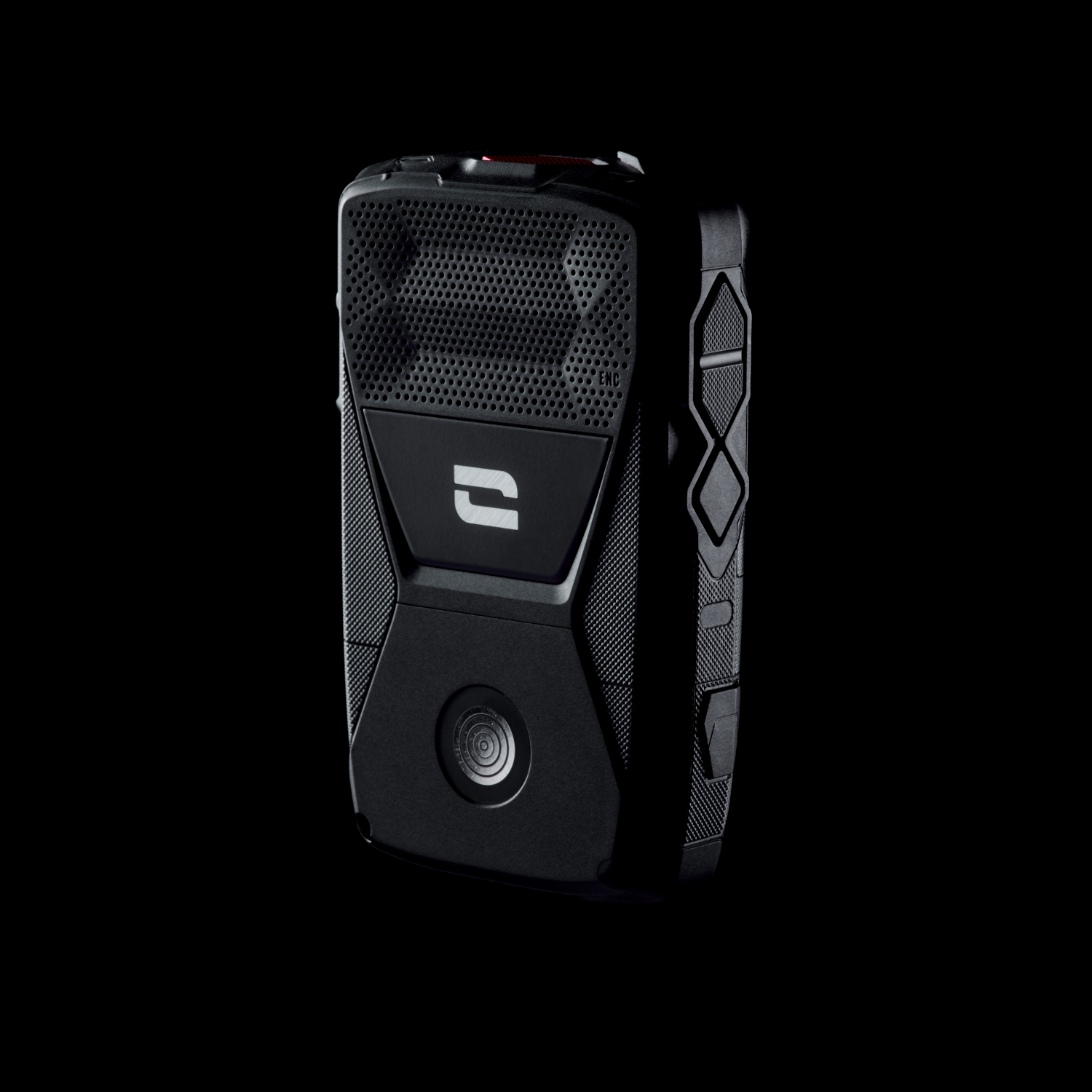 Black body camera with a speaker, buttons, and a lens, on a black background.