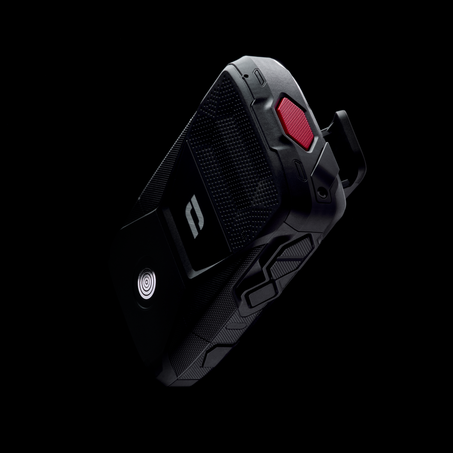 Black rugged phone with a red button, set against a black background.