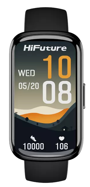 Czarny smartwatch wyświetla godzinę, datę, kroki i tętno. Czarny pasek, prostokątny ekran, biały tekst.