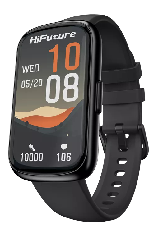 Czarny smartwatch z prostokątnym ekranem. Pokazuje datę, godzinę i wskaźniki aktywności.