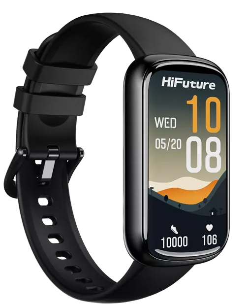 Czarny smartwatch z czarnym paskiem. Ekran wyświetla datę i godzinę.